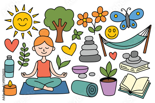 stress relief retreat doodle yoga meditation wellness hand drawn vector.