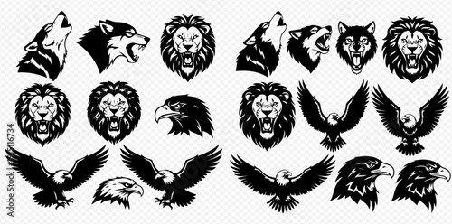 Collection of powerful animal head and full body illustrations, including wolves, lions, and eagles, in black and white for various design projects.