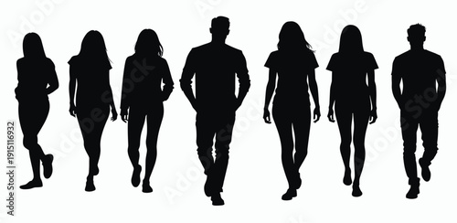 silhouettes of five women and two men walking confidently