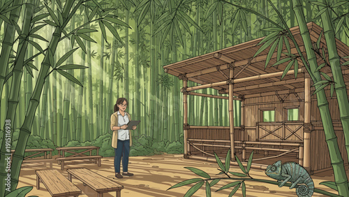 Woman in Bamboo Forest with Structure and Raccoon.