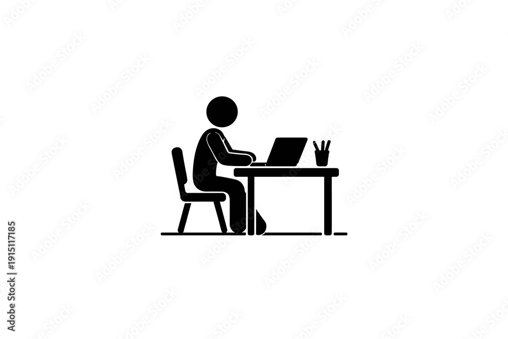 Fototapeta premium Minimalist Black Stick Figure Icon – Person Working on Laptop at Desk, Simple Vector Silhouette Illustration