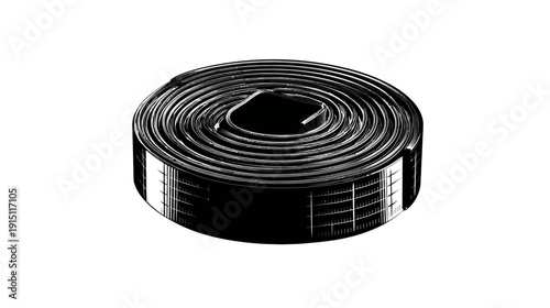 Black and white illustration of a measuring tape roll, coiled with measurements