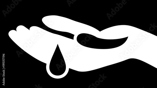 A white graphic icon depicts a hand holding and releasing a single teardrop on a black background