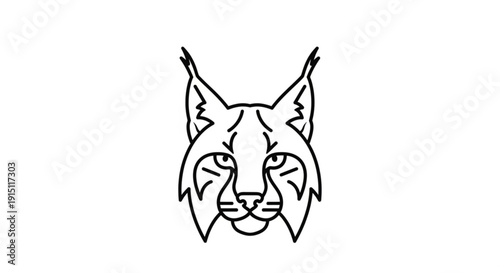 Detailed black line art drawing of a lynx head facing forward with pointed ears and whiskers on a white background
