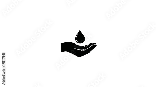 A minimalist illustration depicts a hand cupping a water droplet. Black silhouette against white