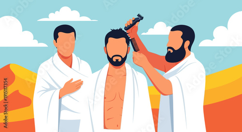 Illustration of baptism scene with three men in white robes standing in a desert landscape under a cloudy sky