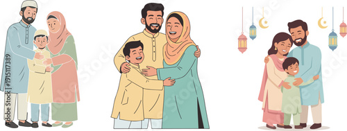 Happy Muslim family celebrating Eid al-Fitr with hugs and joy, vector illustration