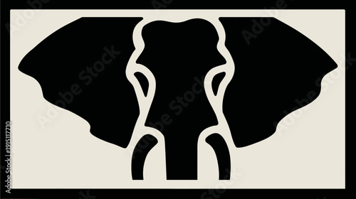 Graphic black and white elephant head silhouette. Beige background and black outer border