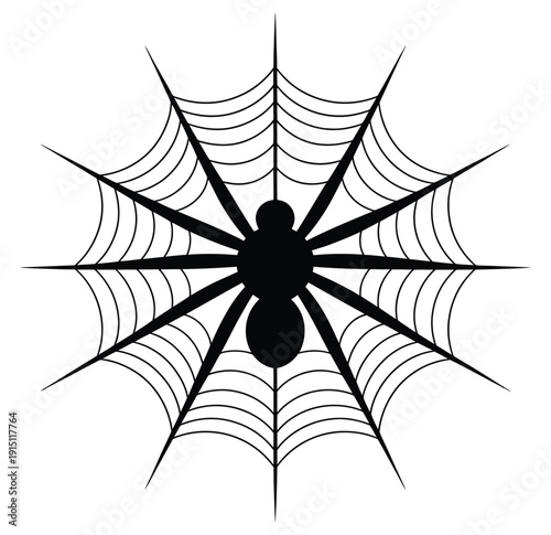 Black Spider Silhouette on Web Vector Illustration