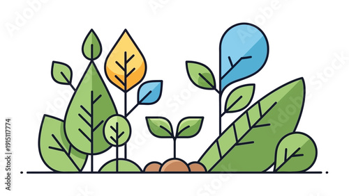 Vibrant illustration of diverse plants and seedlings in a garden.