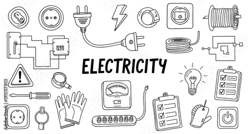 Collection of hand-drawn electricity symbols and tools for design and illustration