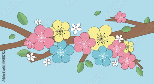 Vibrant spring blossoms adorning a tree branch with colorful petals.
