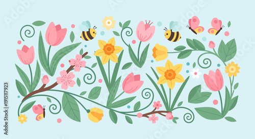 Vibrant Spring Floral Arrangement with Bees and Butterflies.