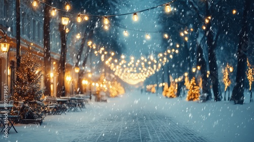 Festive Snowy Street with String Lights and Christmas Decorations