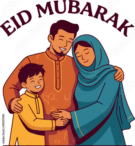 Happy Muslim family celebrating Eid al-Fitr with hugs and joy, vector illustration