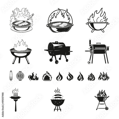 Vector illustration of black and white illustrations of various barbecue grills and flames