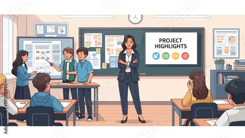 Classroom Presentation Teacher and Students Discussing Project Highlights.