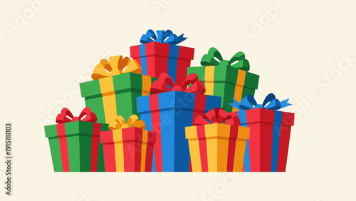 Vibrant Stack of Wrapped Presents with Ribbons and Bows for Celebrations.