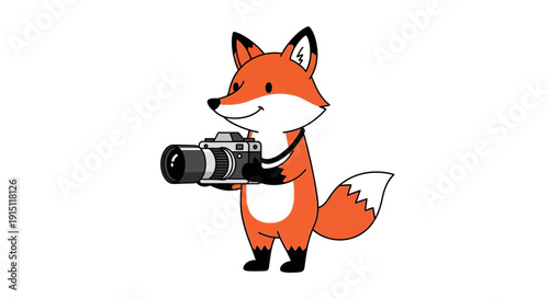 Cute cartoon fox holding a professional camera for photography.