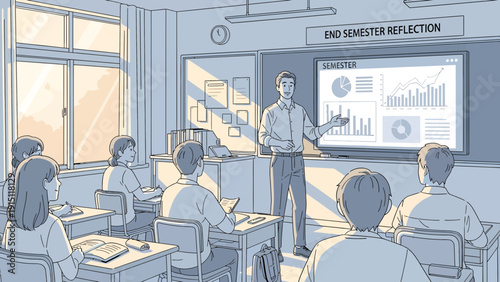 Classroom Scene Teacher Presenting Data to Students with Interactive Whiteboard.