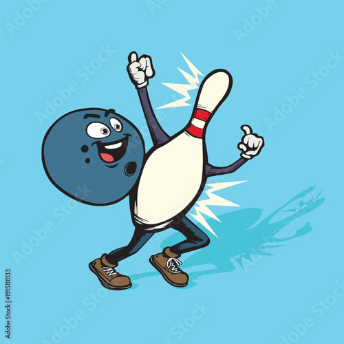 Vector illustration of a cartoon bowling ball character happily holding up a bowling pin on a teal background