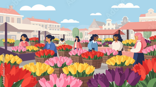 Vibrant Tulip Market Scene with Diverse Women Shoppers and Sellers.