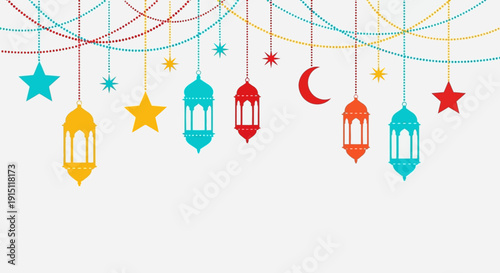 Colorful lanterns and stars hanging from curved lines with a crescent moon, festive illustration, celebratory scene, cultural decoration, hanging ornaments, vibrant colors