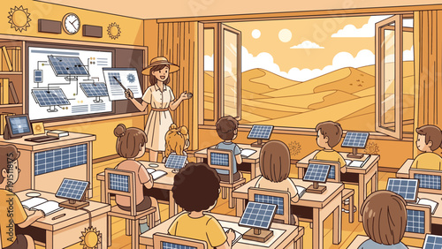 Classroom scene with teacher explaining solar panels to students.