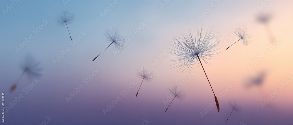 Fototapeta premium Ethereal Dandelion Seeds Floating Gracefully Against a Soft Colorful Background at Sunrise or Sunset