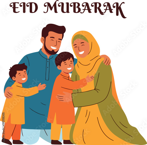 Happy Muslim family celebrating Eid al-Fitr with hugs and joy, vector illustration