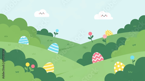 Vibrant Easter eggs nestled in a lush green landscape, celebrating the joy of spring.
