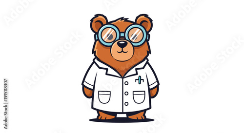 Cute cartoon bear dressed as a scientist with glasses and lab coat.