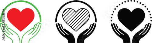 Hands Holding Heart Outline Icon Set Care, Love, and Charity Symbols
