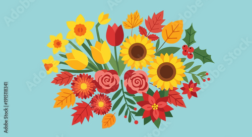 Vibrant floral arrangement showcasing a variety of colorful blossoms and autumn leaves.