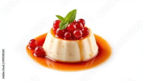 Savory panna cotta topped with red currants, sauce, and mint against a white background