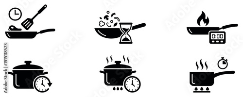 Cooking time and food preparation flat icon set. Frying pan, boiling pot, timer and stopwatch symbols.