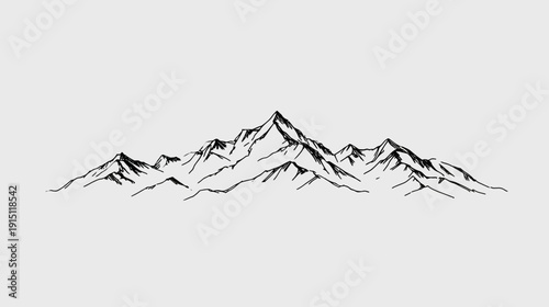 Black and white line art of a mountain range on a gray background, minimalist