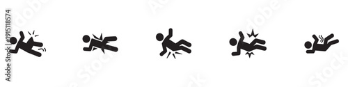 Falling down stickman icon set. Work accident, slipping, tripping and injury danger warning signs.