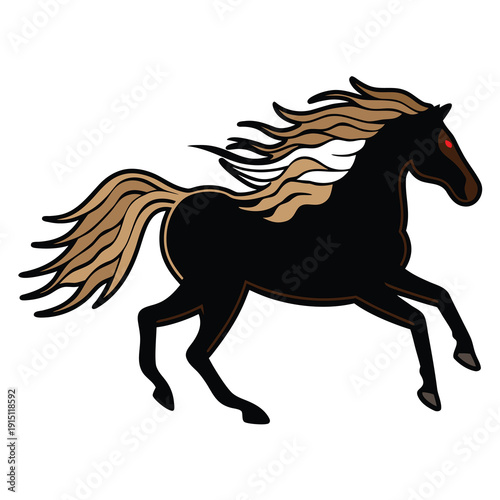 A wild black stallion with a flowing mane and tail running in a gallop, featuring a silhouette vector illustration of a horse and rider in an equestrian art design