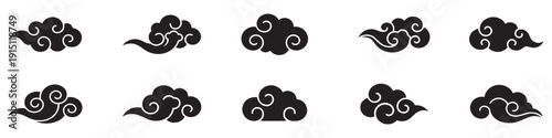 Chinese japanese cloud, asian japan clouds. Motif oriental style decoration, abstract simple black geometric graphic elements. Vector illustration.