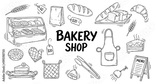 Hand-drawn bakery shop elements including bread, cakes, donuts, and baking tools