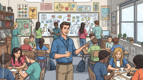 Engaging Classroom Scene Teacher Leading Students in Interactive Learning.
