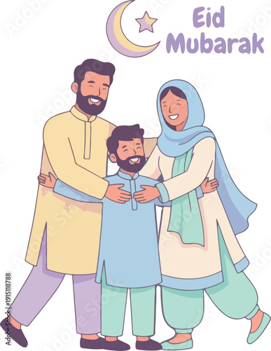 Happy Muslim family celebrating Eid al-Fitr with hugs and joy, vector illustration