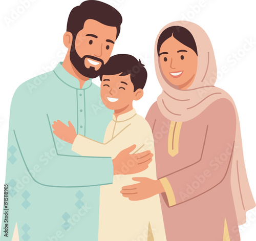 Happy Muslim family celebrating Eid al-Fitr with hugs and joy, vector illustration
