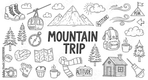 Doodle illustration of mountain trip essentials and scenery for adventure travel