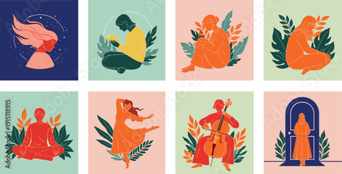 Modern Abstract Women Lifestyle Illustrations Set with Music Dance Meditation and Creative Activities Vector Collection