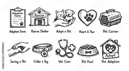 Collection of hand drawn pet adoption and care icons. Includes adoption form, shelter, vet, food, carrier, suitable for charity or adoption campaigns.