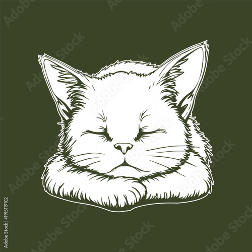 Vector illustration of a white cat face with eyes closed on dark green background illustration
