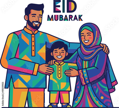 Happy Muslim family celebrating Eid al-Fitr with hugs and joy, vector illustration
