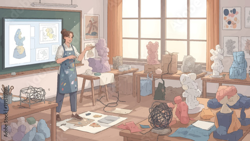 Fashion Design Class Instructor Presenting Garment Concepts on Screen.